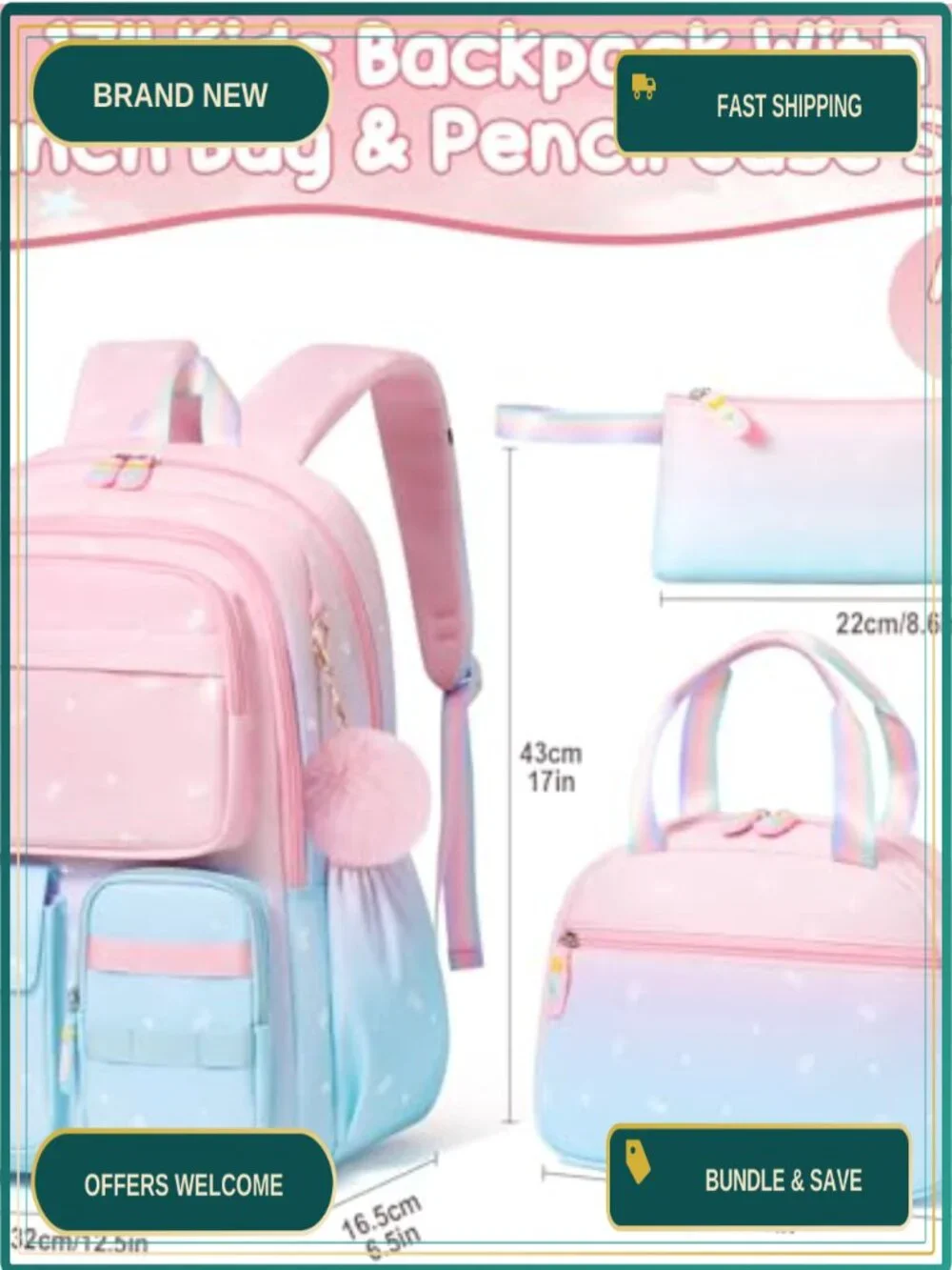 Girls Waterproof Backpack Set with Lunch Box & Pencil Case, 3 Pieces, Padded